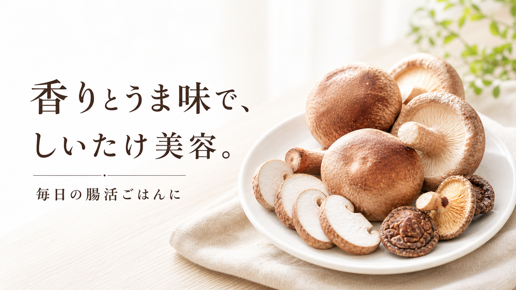 白い皿に盛ったしいたけと「香りとうま味で、しいたけ美容。」の文字
