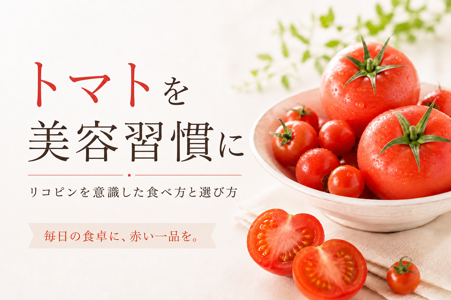 みずみずしいトマトと、リコピンを意識した食べ方・選び方を案内するアイキャッチ