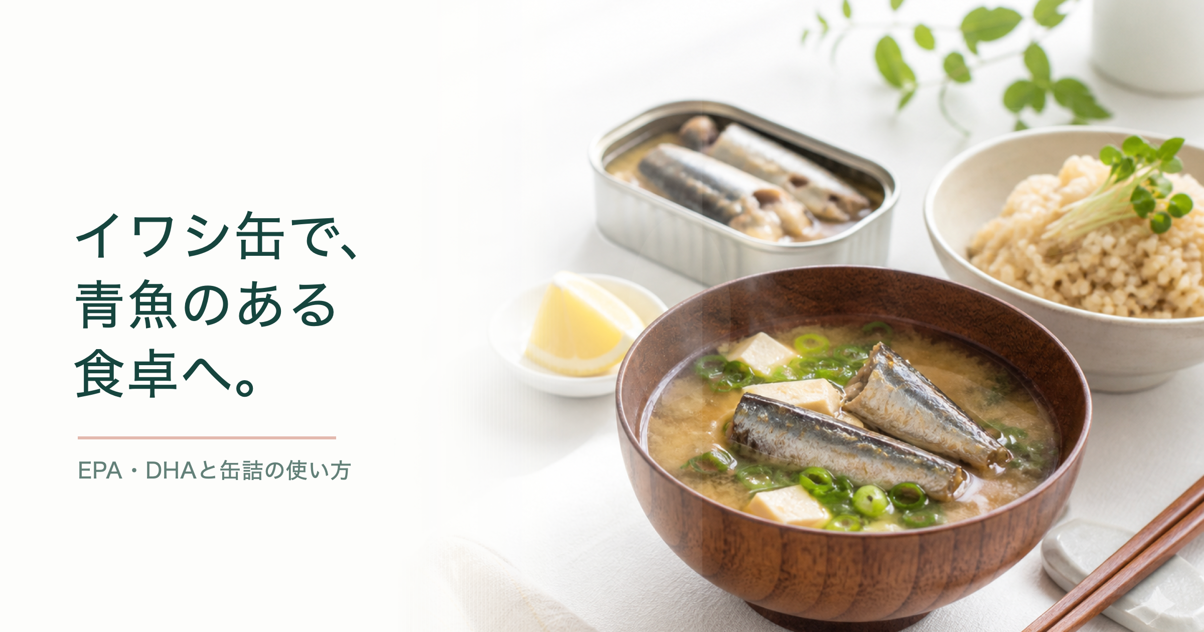 イワシ入り味噌汁とイワシ缶、主食の器を白いクロスの上に並べたアイキャッチ画像
