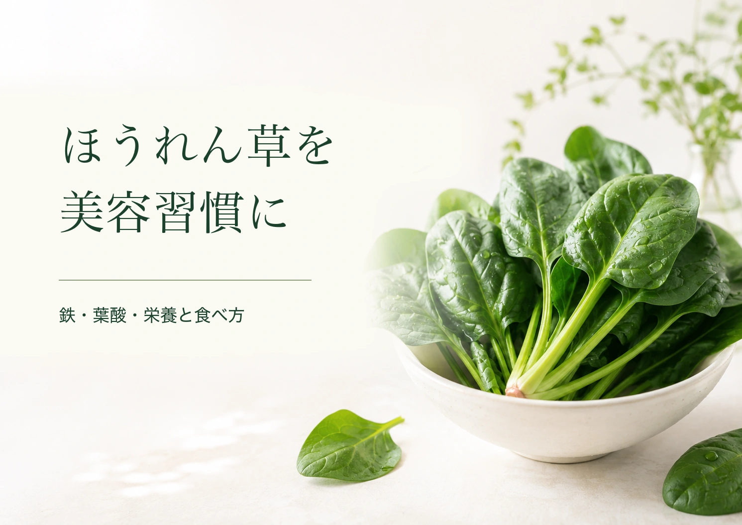 白い器に入ったほうれん草と、ほうれん草を美容習慣にという文字のアイキャッチ画像