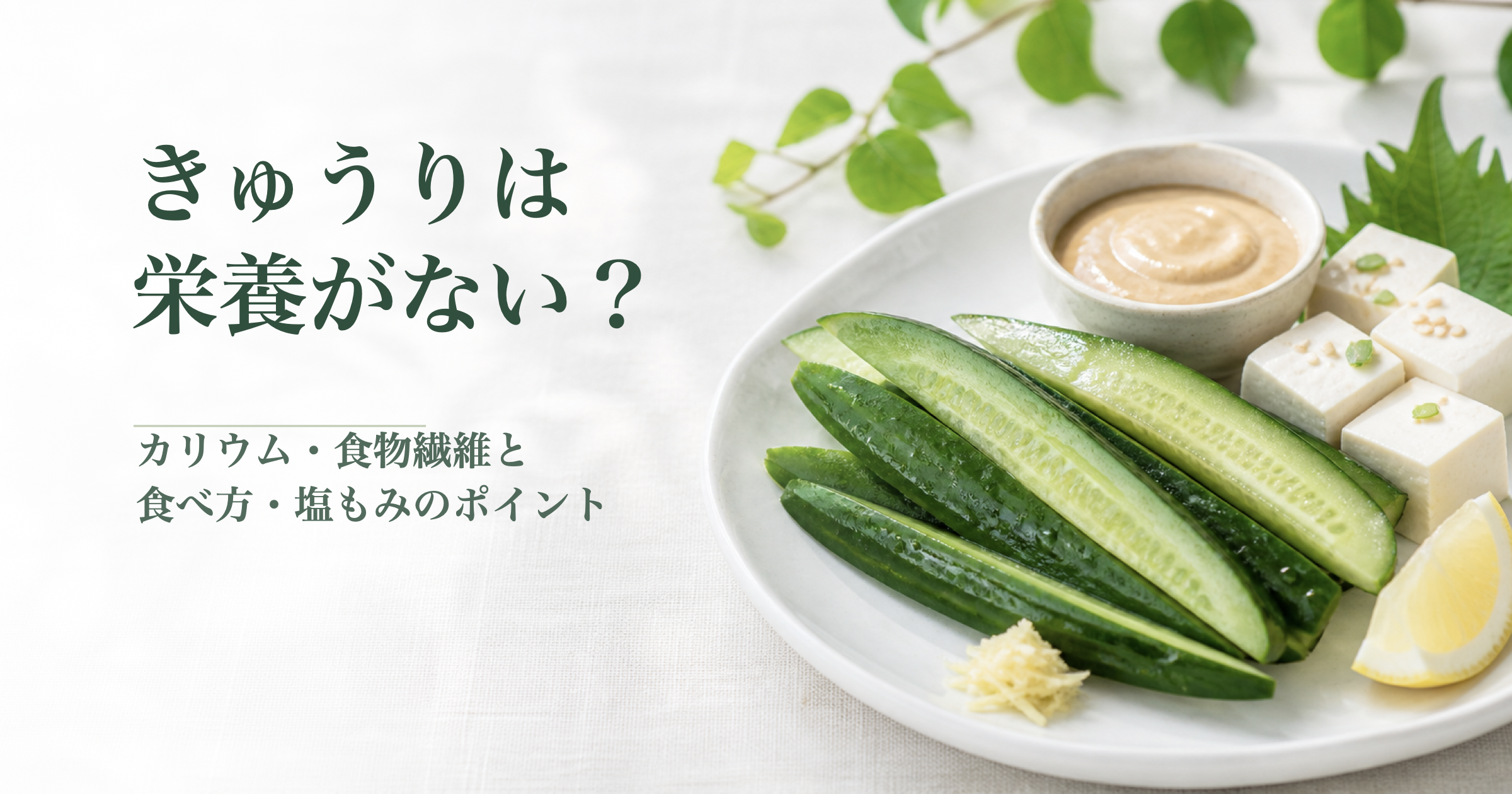 きゅうり、豆腐、たれ、レモンを配した写真に「きゅうりは栄養がない？」「カリウム・食物繊維と食べ方・塩もみのポイント」の文字